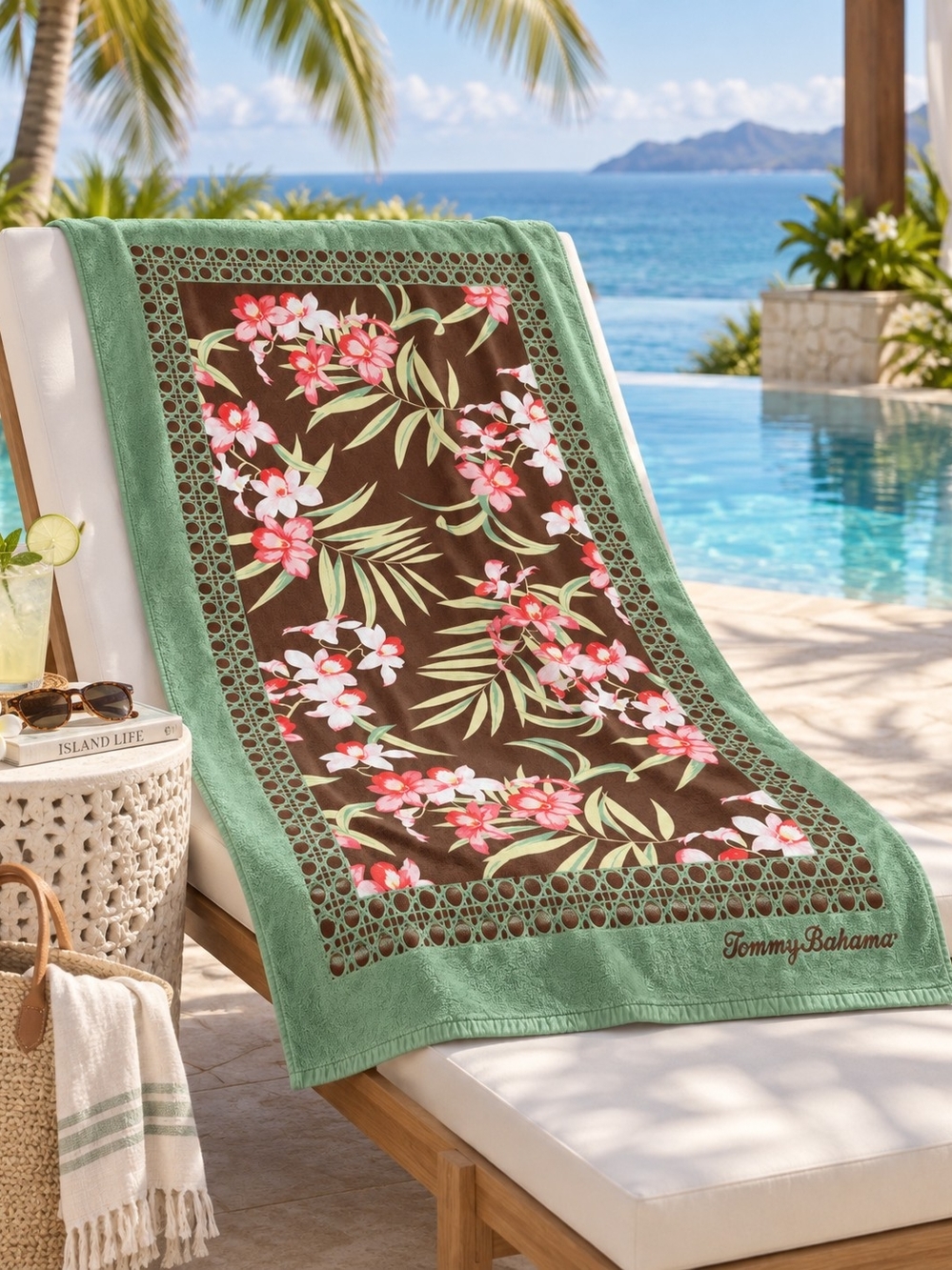 Tommy Bahama Brown Floral Center Beach Towel with Green Border